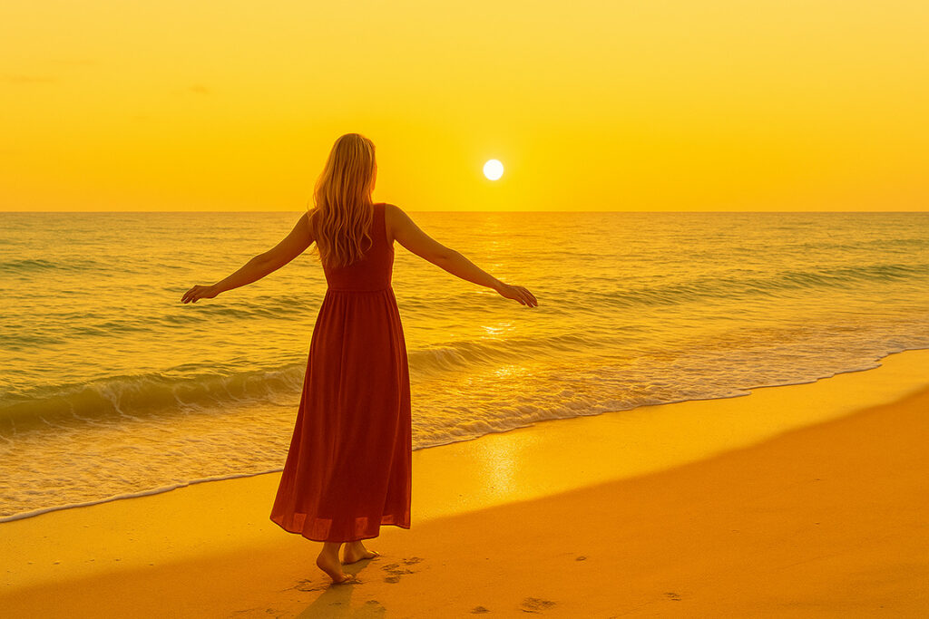 une femme face à la mer et le coucher du soleil
