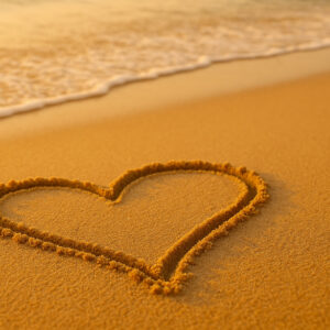 un cœur déssiné sur du sable humide d'une plage