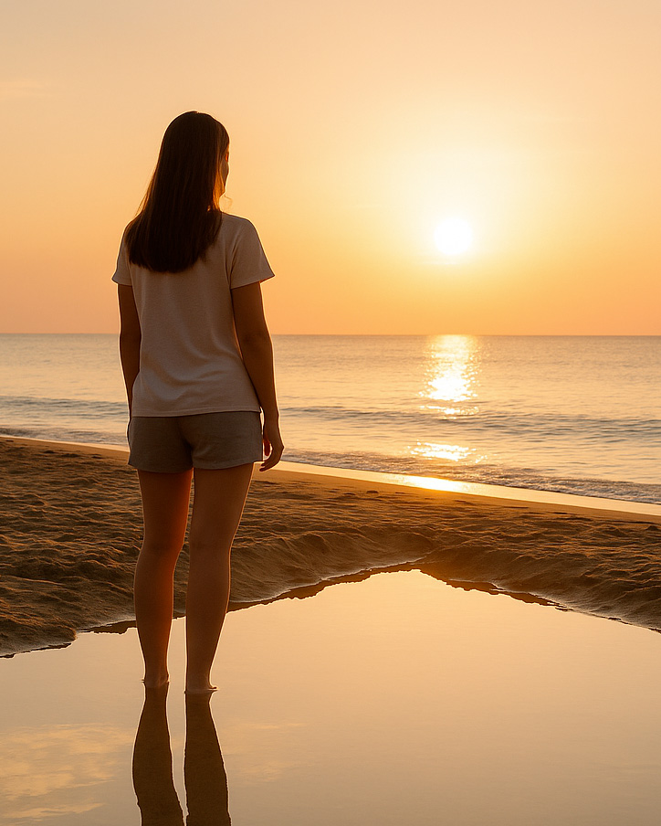 Une femme sur la plage face au coucher du soleil