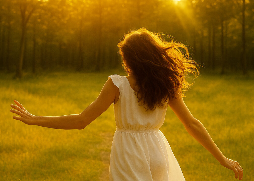une femme qui court dans une forêt éclairée par le soleil couchant