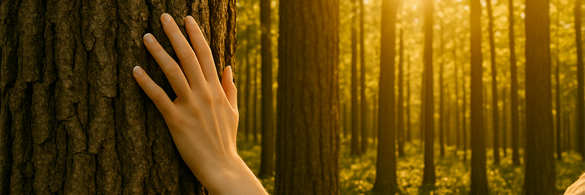 main féminine posée sur un tronc d'arbre au coucher du soleil